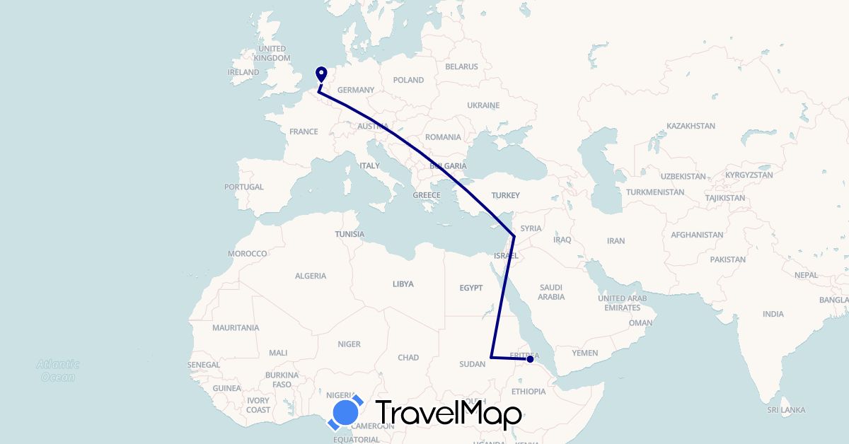 TravelMap itinerary: driving in Belgium, Eritrea, Netherlands, Sudan, Syria (Africa, Asia, Europe)
